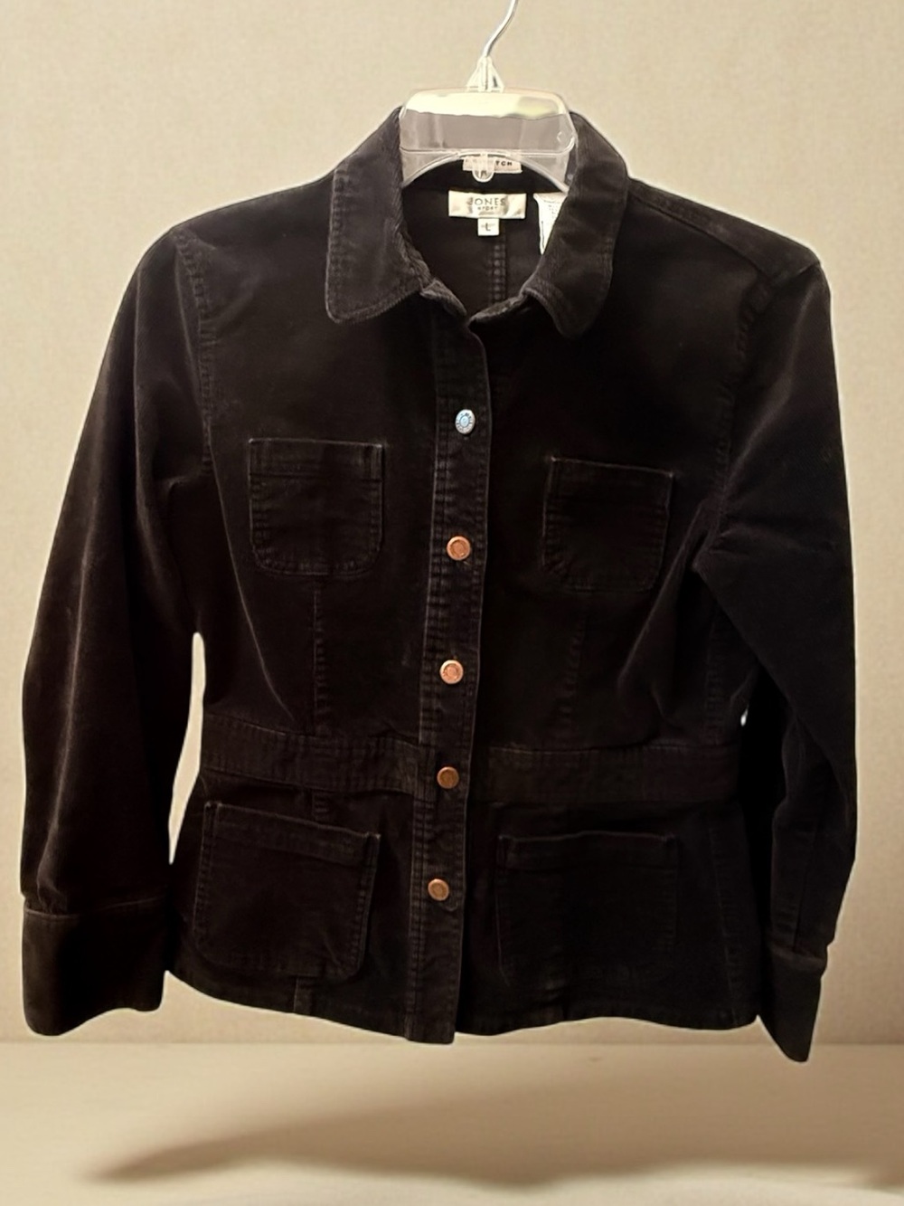 Jones Sport Vintage stretch black corduroy button-front utility jacket,